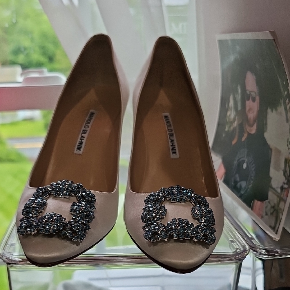 Manolo Blahnik Blue and White Heels with Crystal Detail - Picture 2 of 5
